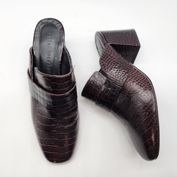 Freda Salvador Shoes - Freda Salvador Croc Embossed Heeled Mules Womens 7 Brown Leather Spain